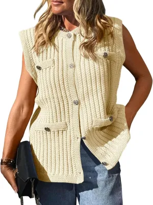PEHMEA Women's Crochet Chunky Knit Top Sleeveless Button Down Tops Trendy Cardigan Sweater Vest for Women