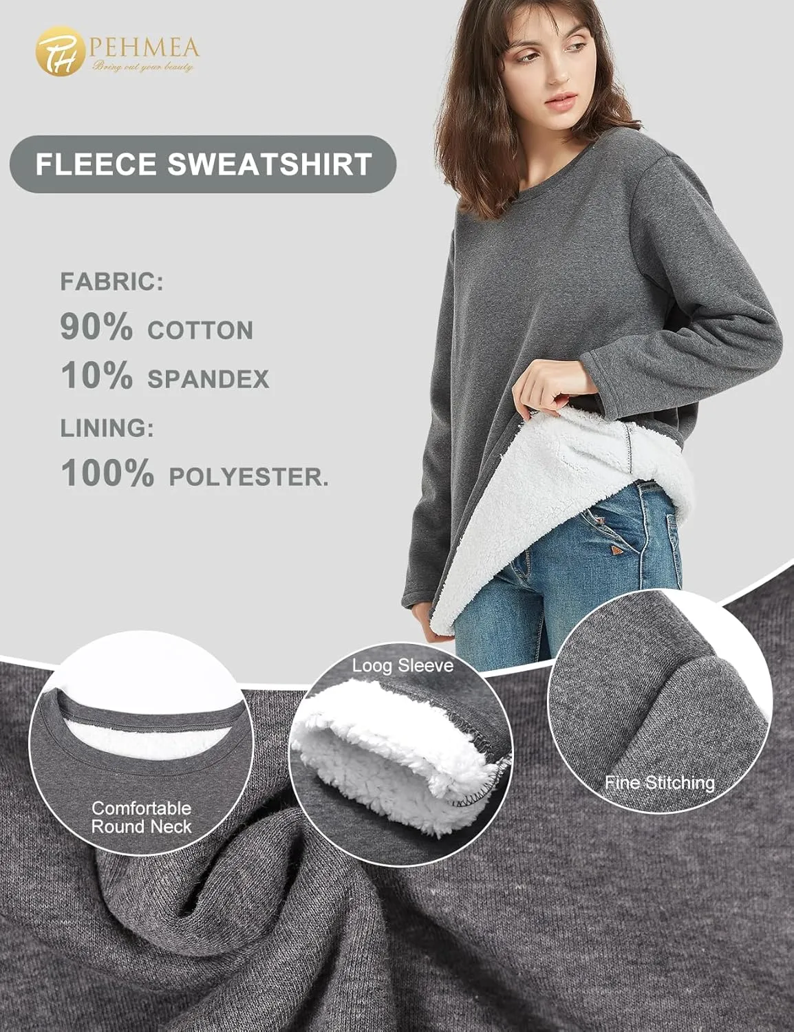 PEHMEA Women's Winter Warm Sherpa Lined Fleece Sweatshirt Crewneck Sport Pullover Loungewear Tops