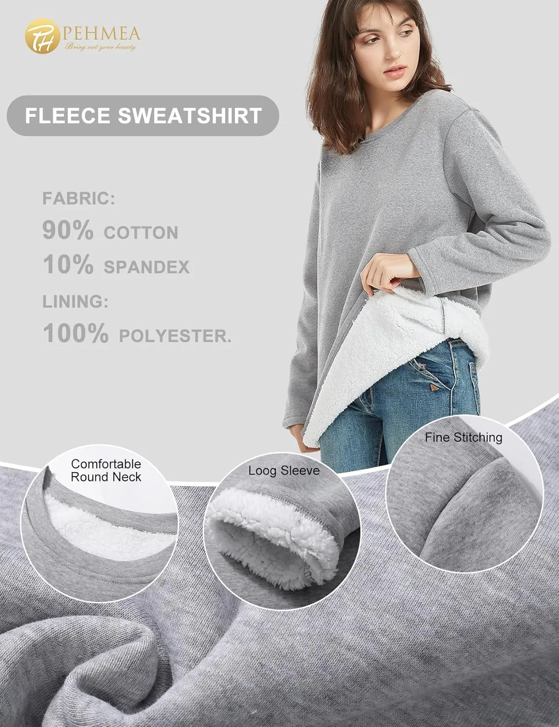 PEHMEA Women's Winter Warm Sherpa Lined Fleece Sweatshirt Crewneck Sport Pullover Loungewear Tops