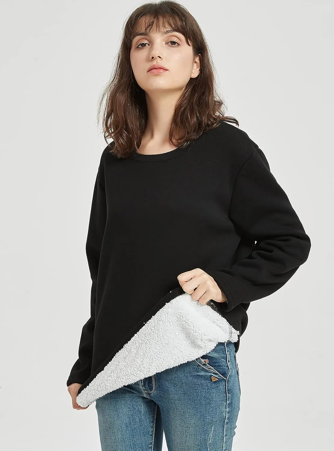 PEHMEA Women's Winter Warm Sherpa Lined Fleece Sweatshirt Crewneck Sport Pullover Loungewear Tops