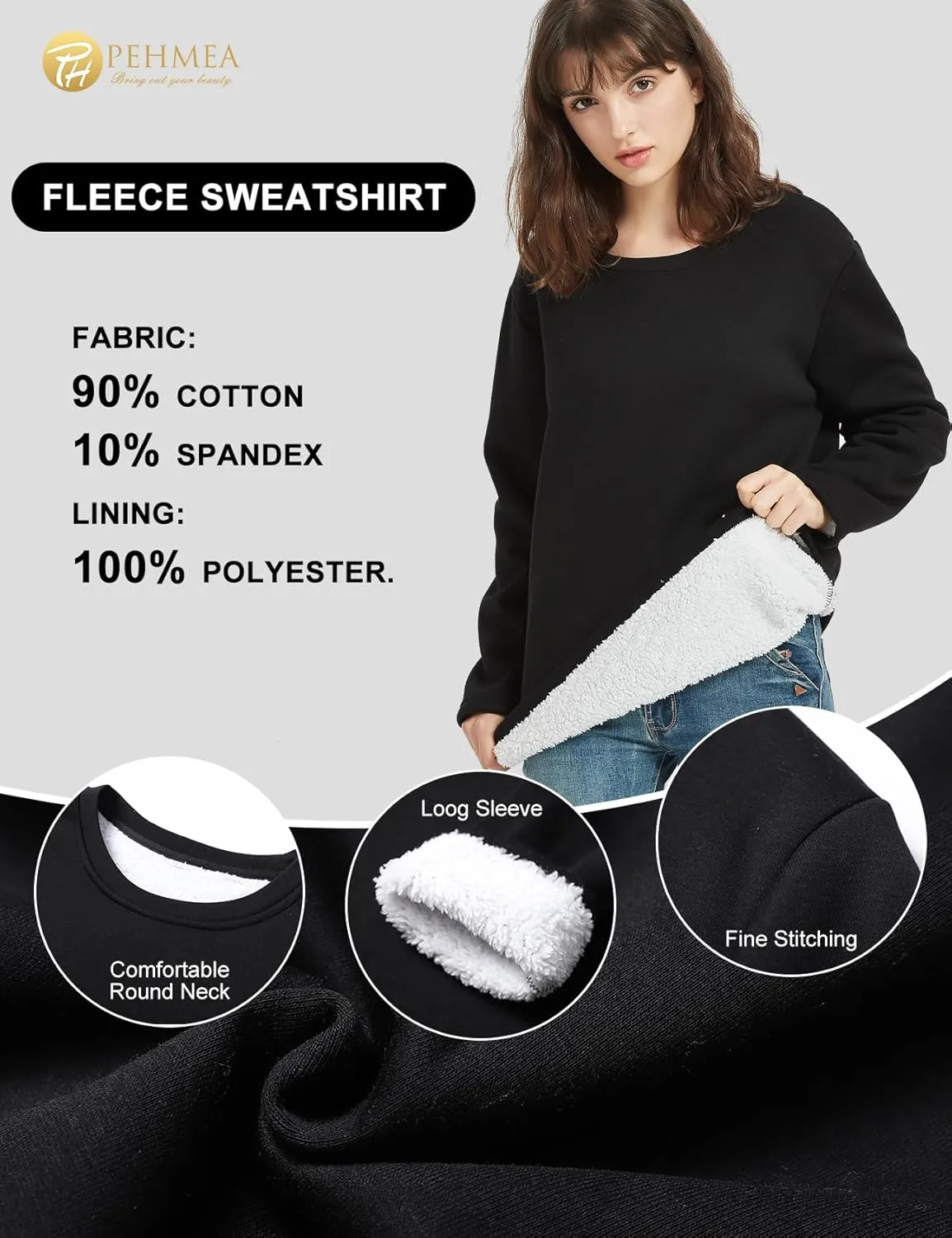 PEHMEA Women's Winter Warm Sherpa Lined Fleece Sweatshirt Crewneck Sport Pullover Loungewear Tops