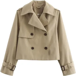 Perbai Womens Crop Double Breasted Trench Coat Long Sleeve Notched Lapel Work Office Cropped Jacket