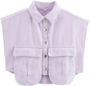 Perbai Womens Cropped Button Down Shirt Summer Collared Sleeveless Loose Denim Top with Pockets