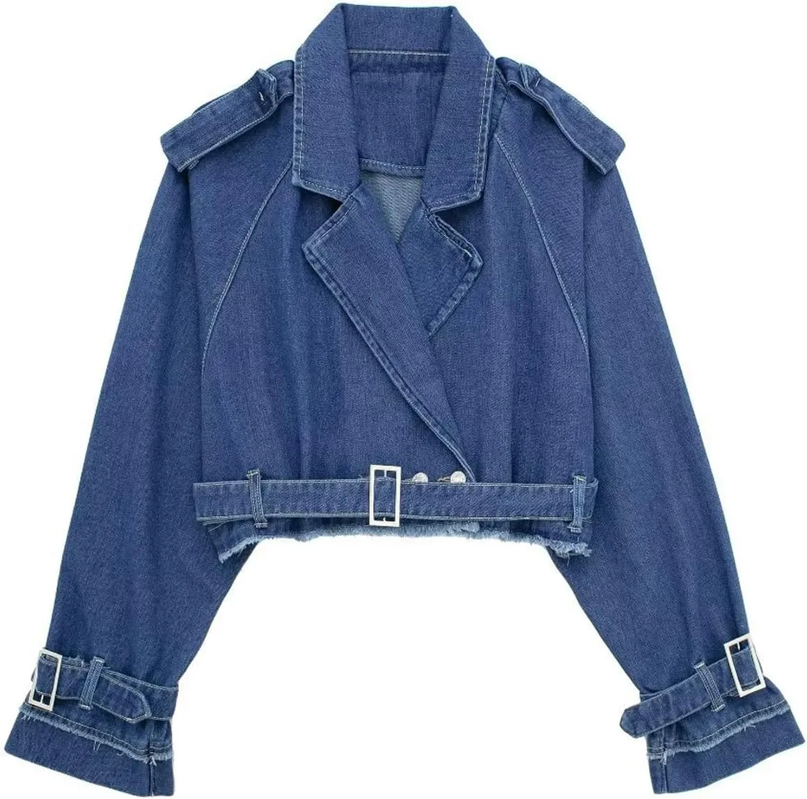 Perbai Womens Cropped Trench Coat Lapel Double Breasted Short Denim Peacoat Trucker Jacket with Belt