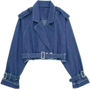Perbai Womens Cropped Trench Coat Lapel Double Breasted Short Denim Peacoat Trucker Jacket with Belt