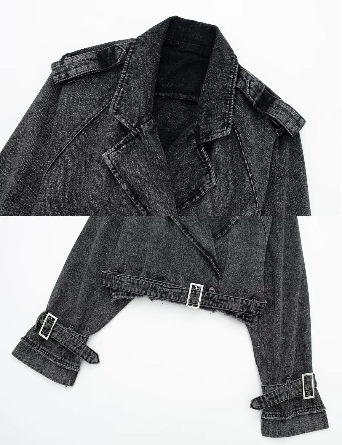 Perbai Womens Cropped Trench Coat Lapel Double Breasted Short Denim Peacoat Trucker Jacket with Belt
