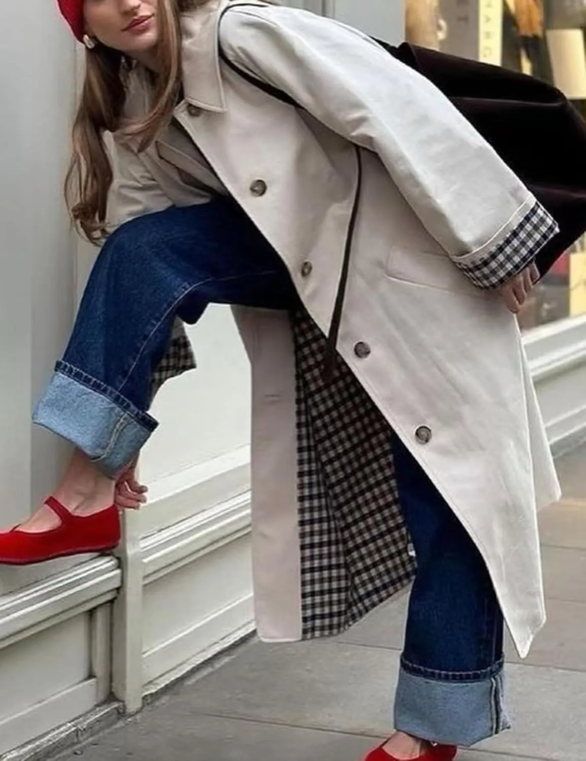Perbai Women's Oversized Long Trench Coat Single Breasted Lapel Windproof Overcoat Peacoat with Pockets