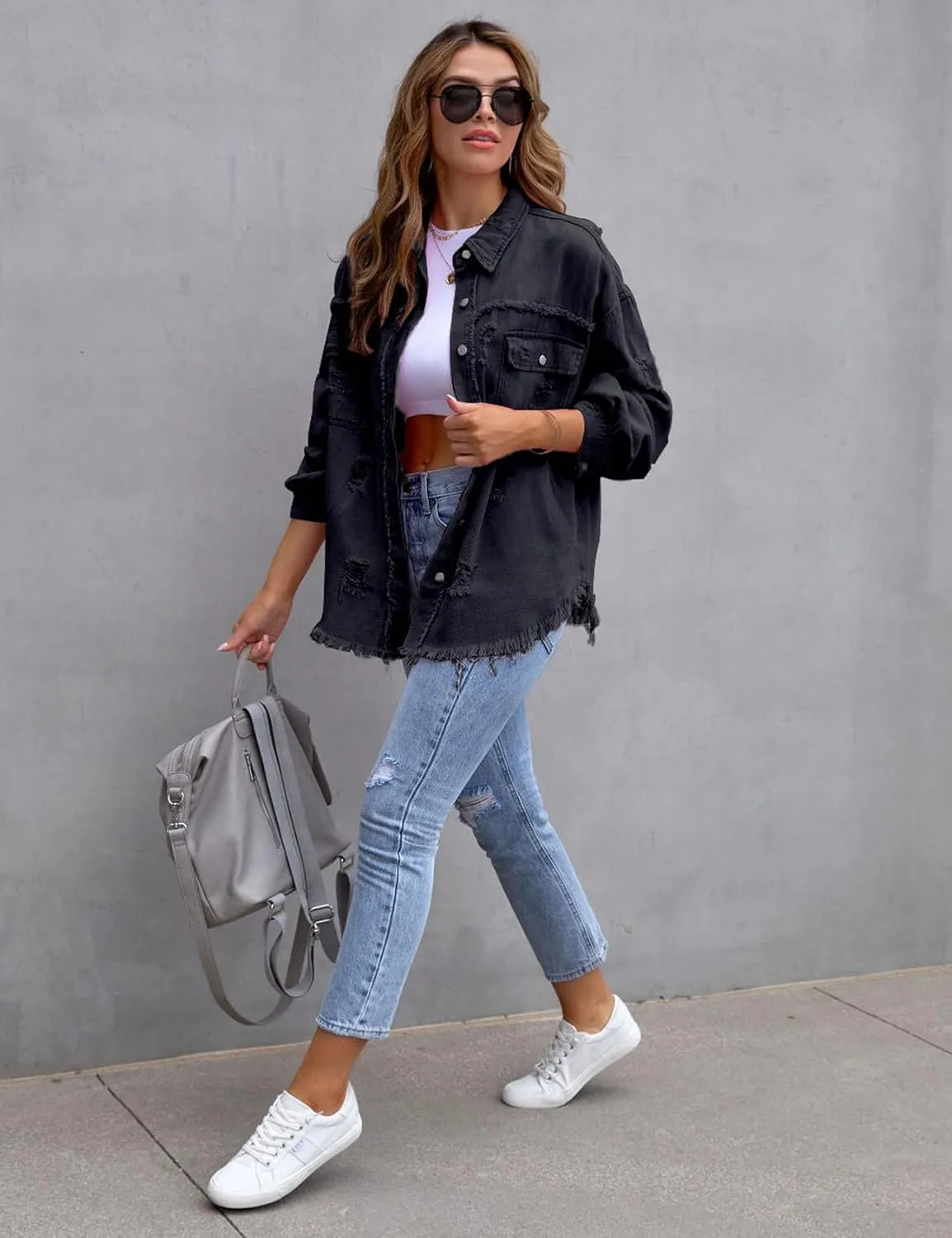 Perbai Womens Oversized Ripped Denim Jacket Frayed Hem Button Front Boyfriend Jean Coat Western Shacket with Pockets