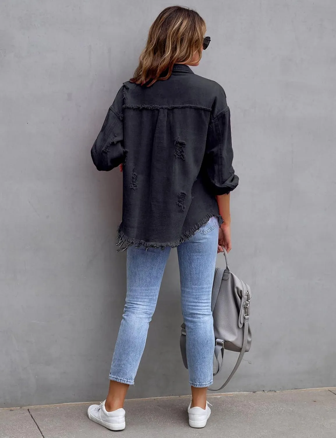 Perbai Womens Oversized Ripped Denim Jacket Frayed Hem Button Front Boyfriend Jean Coat Western Shacket with Pockets
