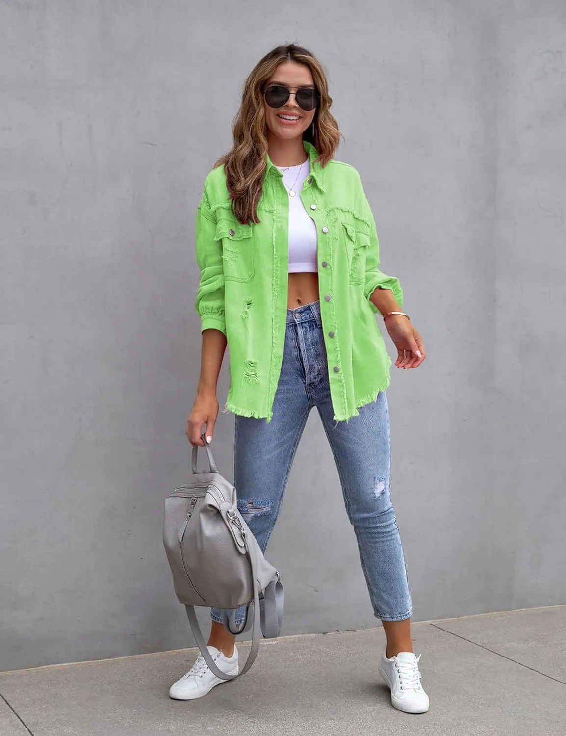 Perbai Womens Oversized Ripped Denim Jacket Frayed Hem Button Front Boyfriend Jean Coat Western Shacket with Pockets