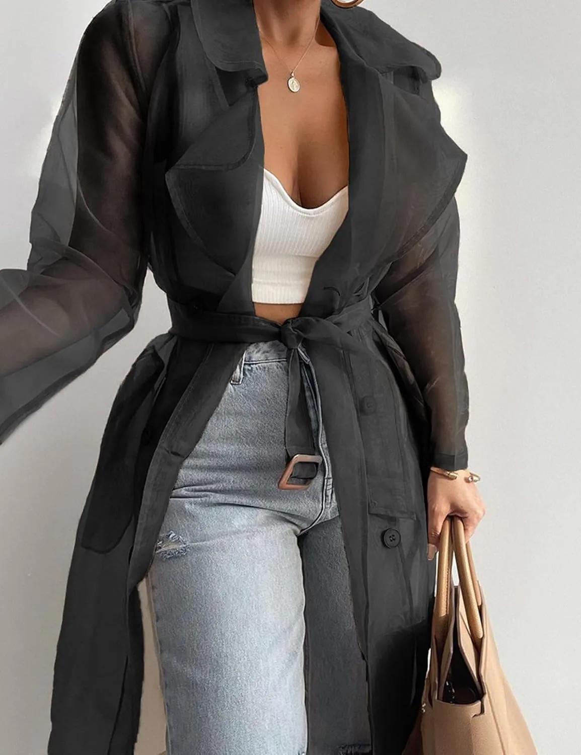 Perbai Womens Sheer Mesh Trench Jacket Lapel Double Breasted Belted Midi Peacoat Outerwear
