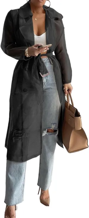 Perbai Womens Sheer Mesh Trench Jacket Lapel Double Breasted Belted Midi Peacoat Outerwear