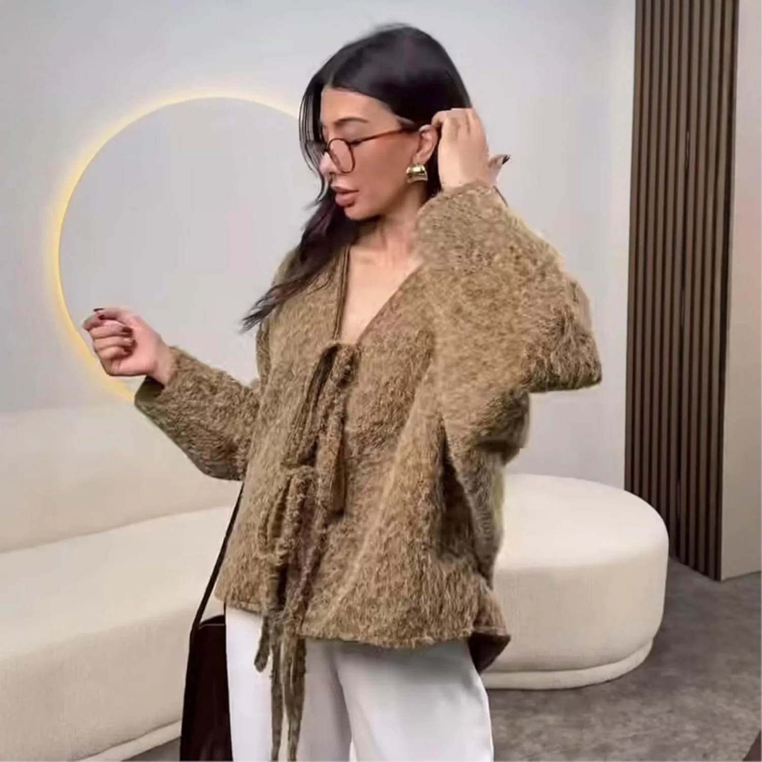 Perbai Women's Tie Front Bow Cardigan Jacket Fuzzy Wool Blend Long Sleeve Batwing Oversized Winter Trench Coats