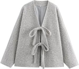 Perbai Women's Tie Front Bow Cardigan Jacket Fuzzy Wool Blend Long Sleeve Batwing Oversized Winter Trench Coats