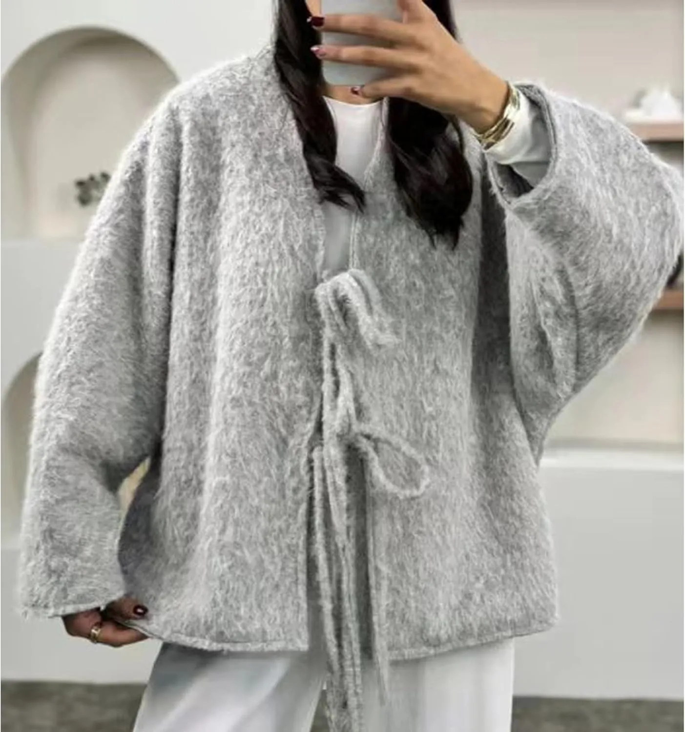 Perbai Women's Tie Front Bow Cardigan Jacket Fuzzy Wool Blend Long Sleeve Batwing Oversized Winter Trench Coats