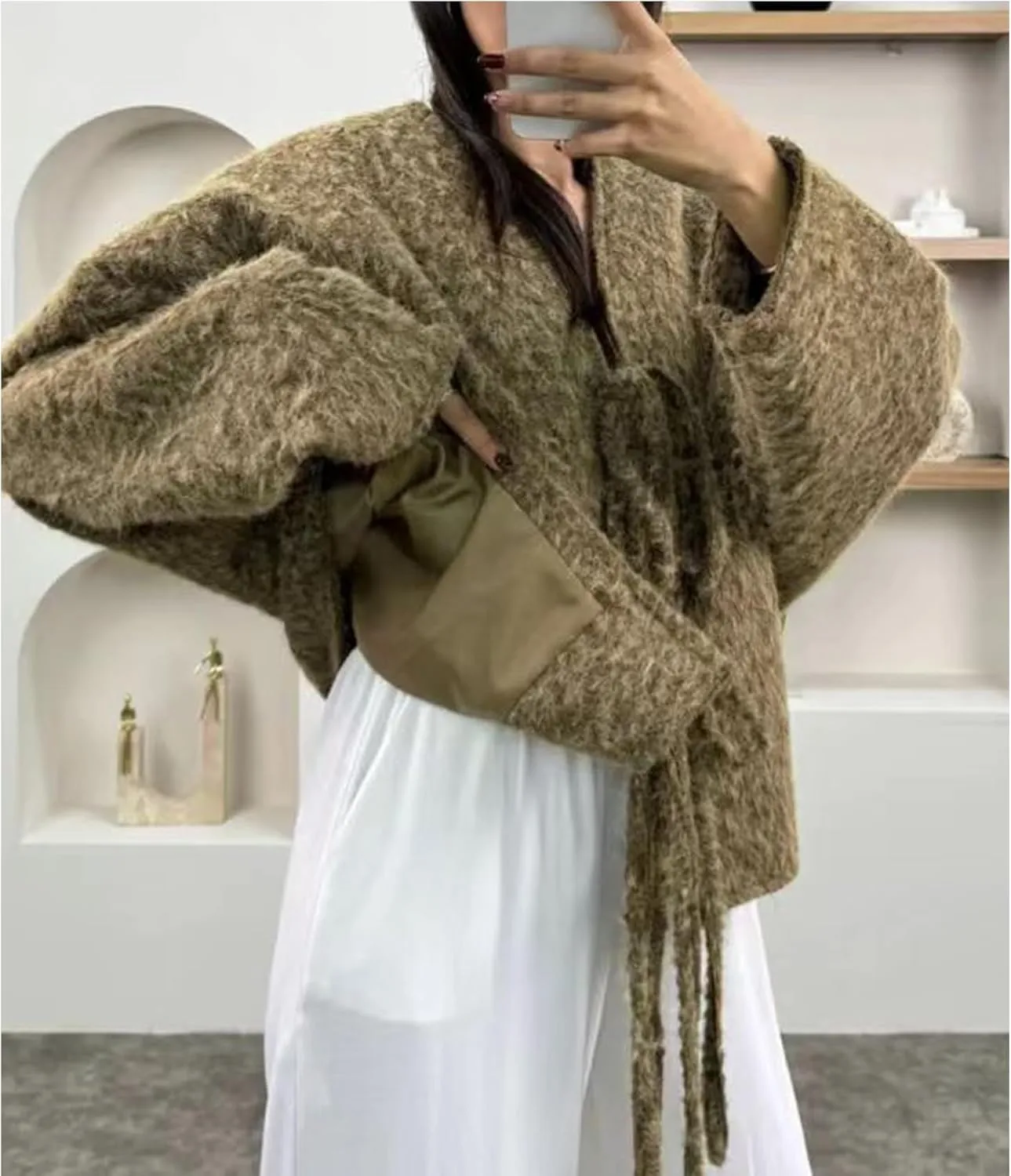 Perbai Women's Tie Front Bow Cardigan Jacket Fuzzy Wool Blend Long Sleeve Batwing Oversized Winter Trench Coats