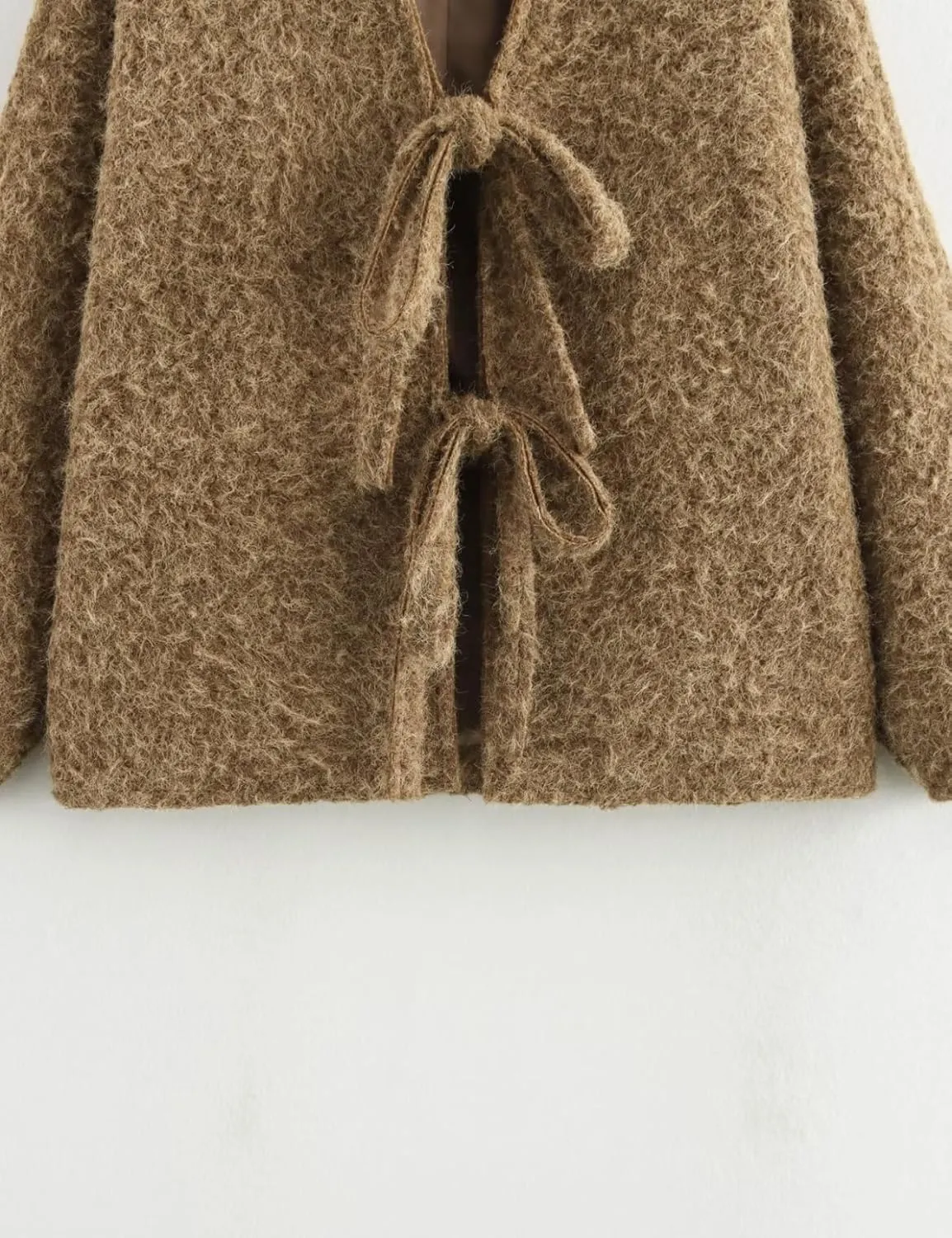 Perbai Women's Tie Front Bow Cardigan Jacket Fuzzy Wool Blend Long Sleeve Batwing Oversized Winter Trench Coats