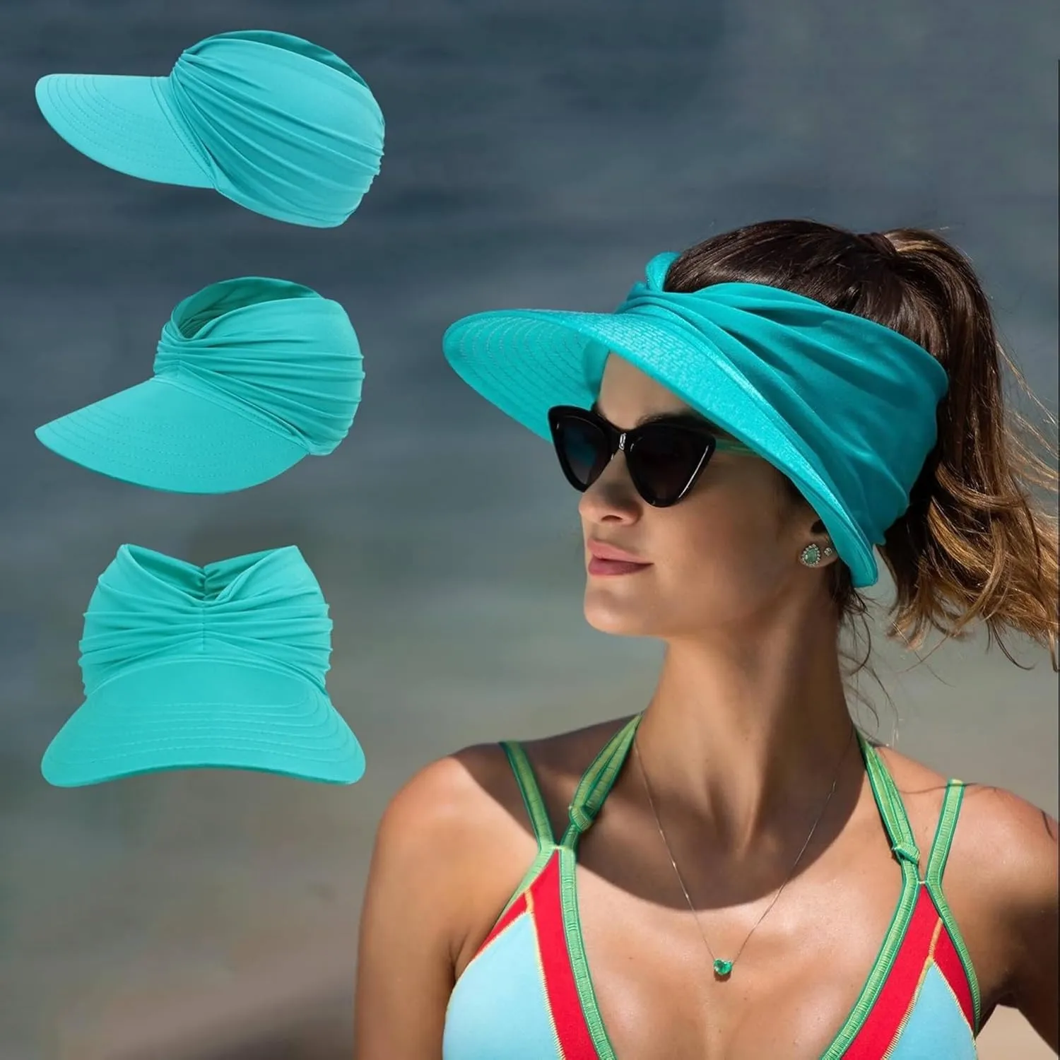 Peshoriadm Elastic Top Ponytail Sun Beach Hats, Peshoriadm Summer Women's Sun Hat, Beach Travel Sun Wide Brim Cap