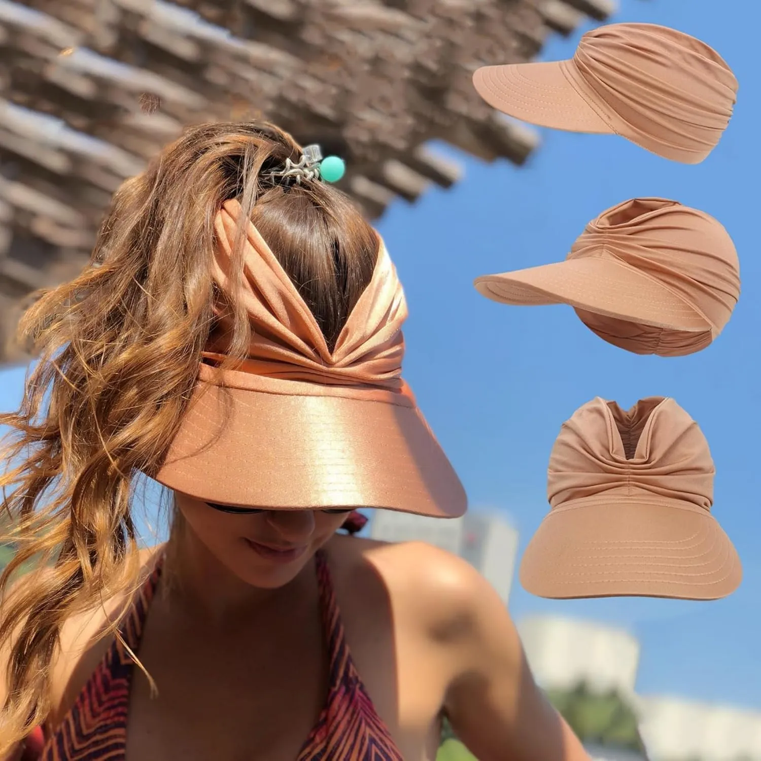 Peshoriadm Summer Women's Sun Hat, Elastic Top Ponytail Cap with Adjustable, Light Wide Brim Golf Beach Sun Hat