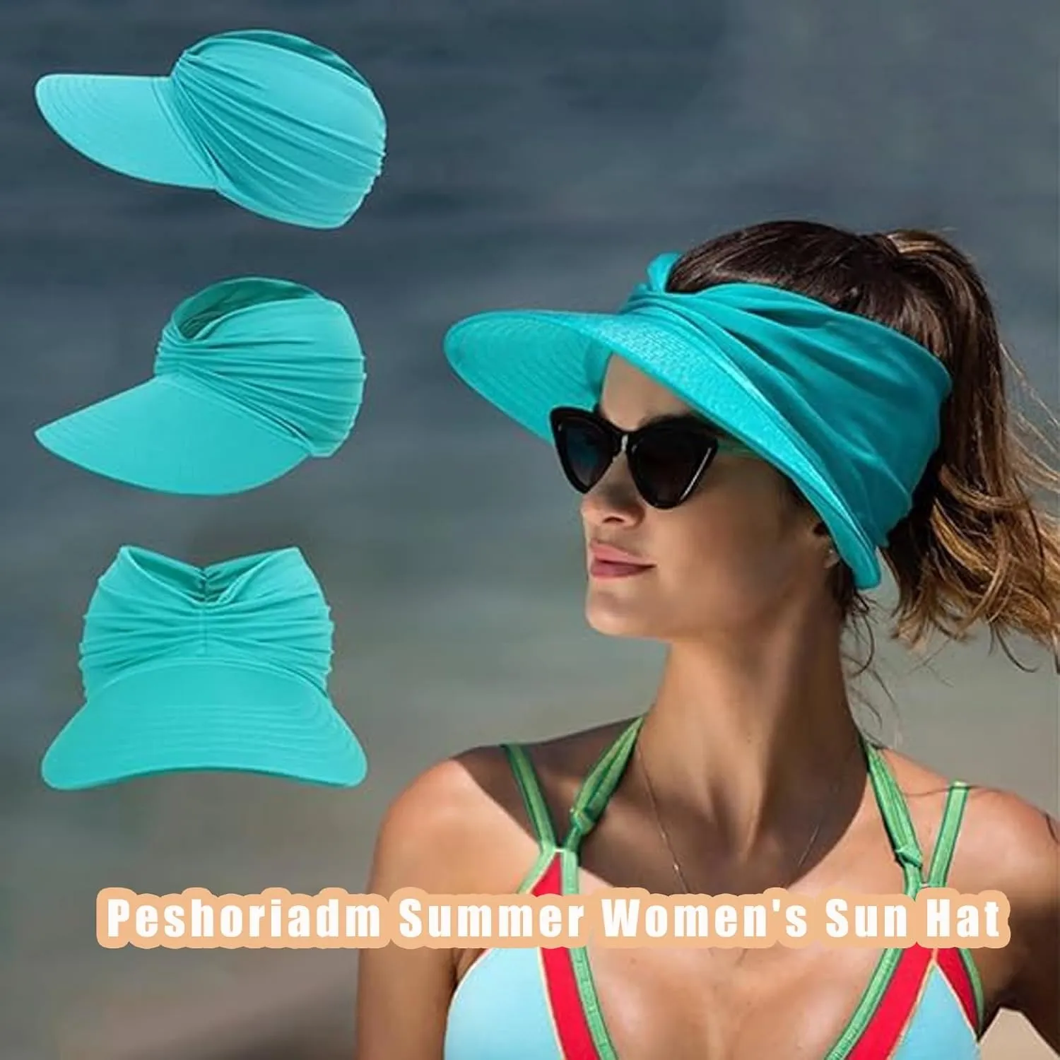 Peshoriadm Summer Women's Sun Hat, Peshoriadm Elastic Top Ponytail Sun Beach Hats, Beach Travel Sun Wide Brim Cap