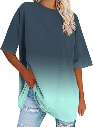 Plus Size Tops for Women Dressy Casual Summer Trendy Gradient Color Crewneck Short Sleeve Loose Fit Oversized Tshirts