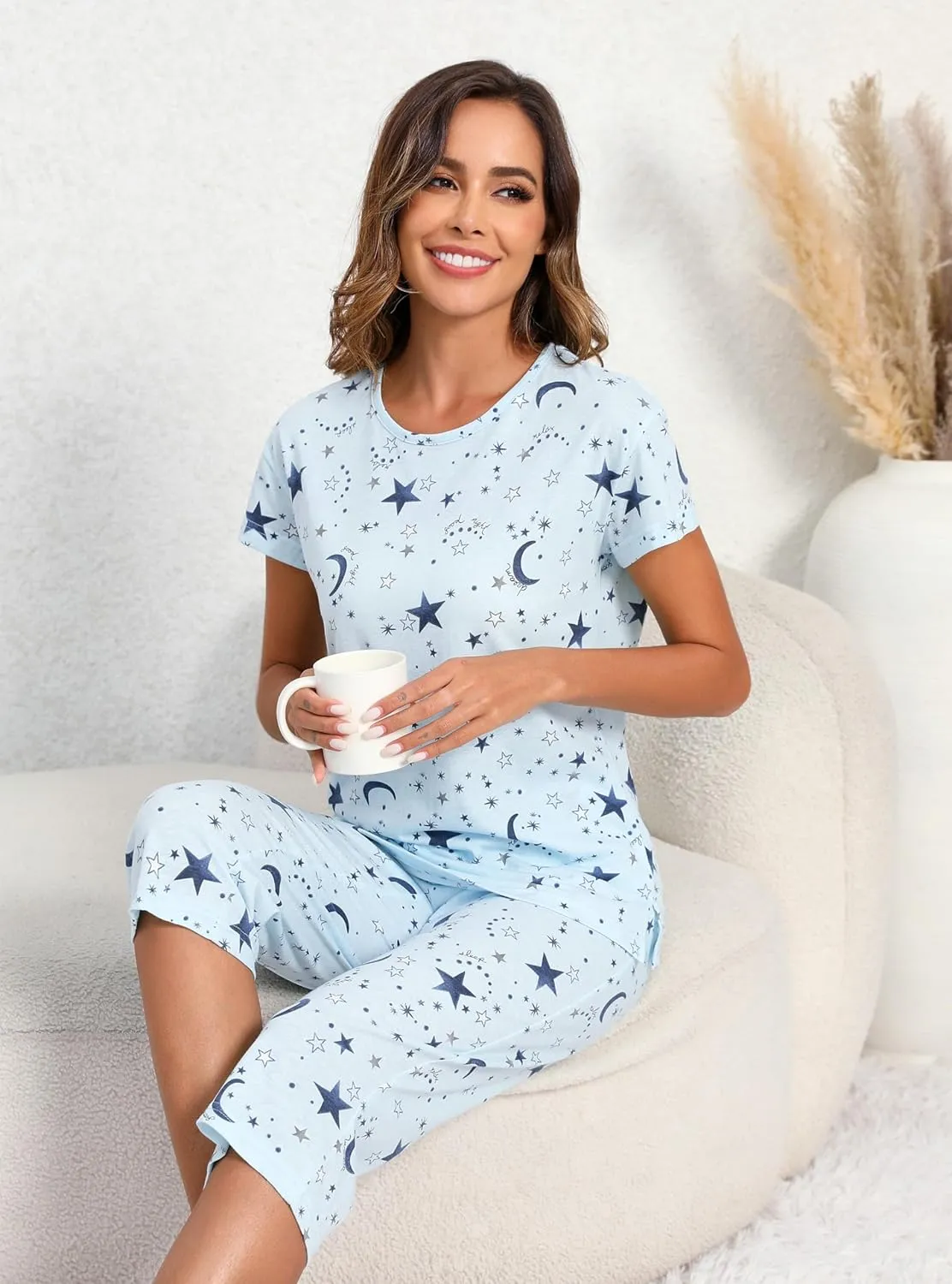 PNAEONG Women’s Pajama Set - Sleepwear Tops with Capri Pants Casual and Fun Prints Pajama Sets SY215-Purple-XL