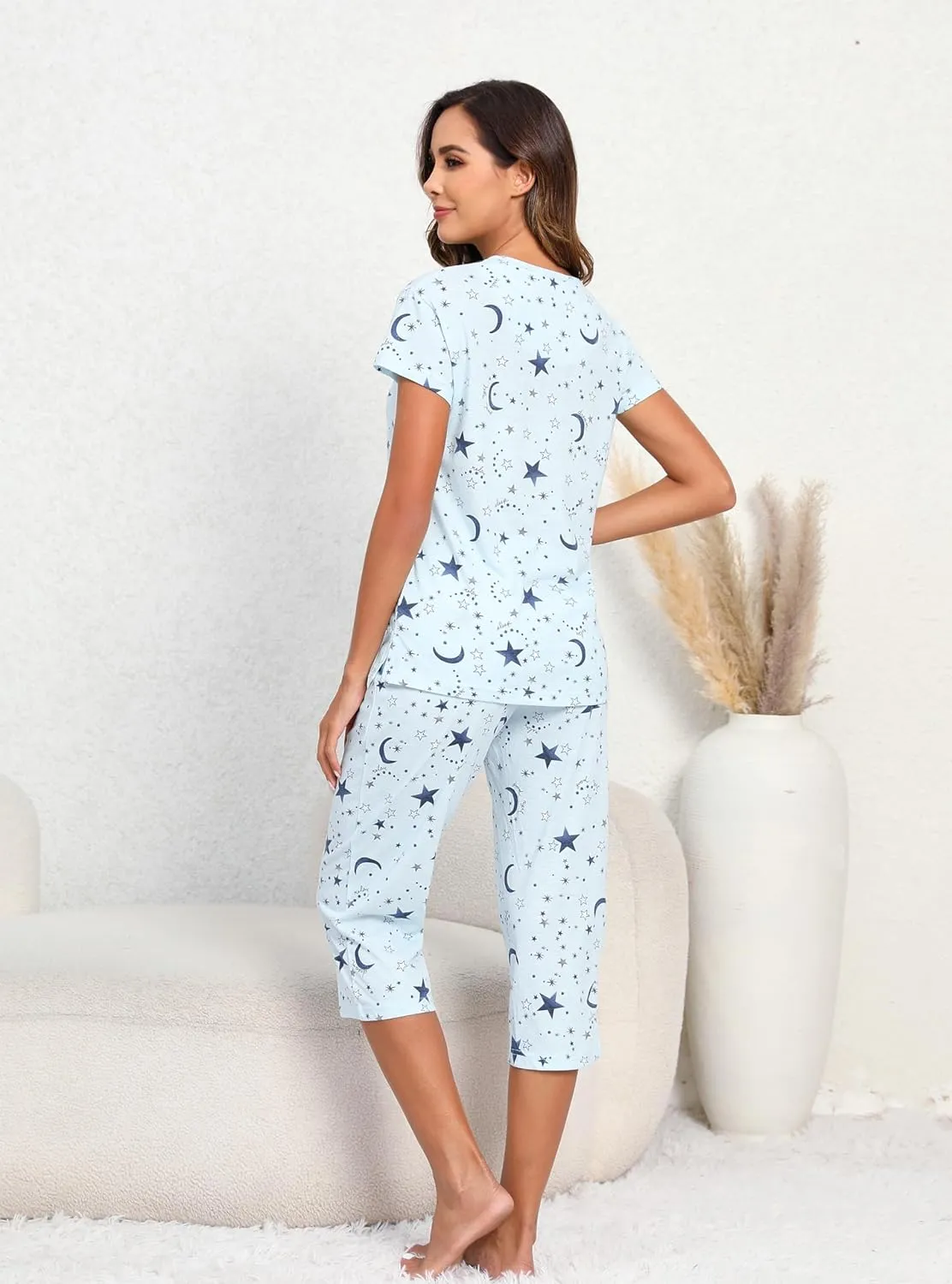 PNAEONG Women’s Pajama Set - Sleepwear Tops with Capri Pants Casual and Fun Prints Pajama Sets SY215-Purple-XL