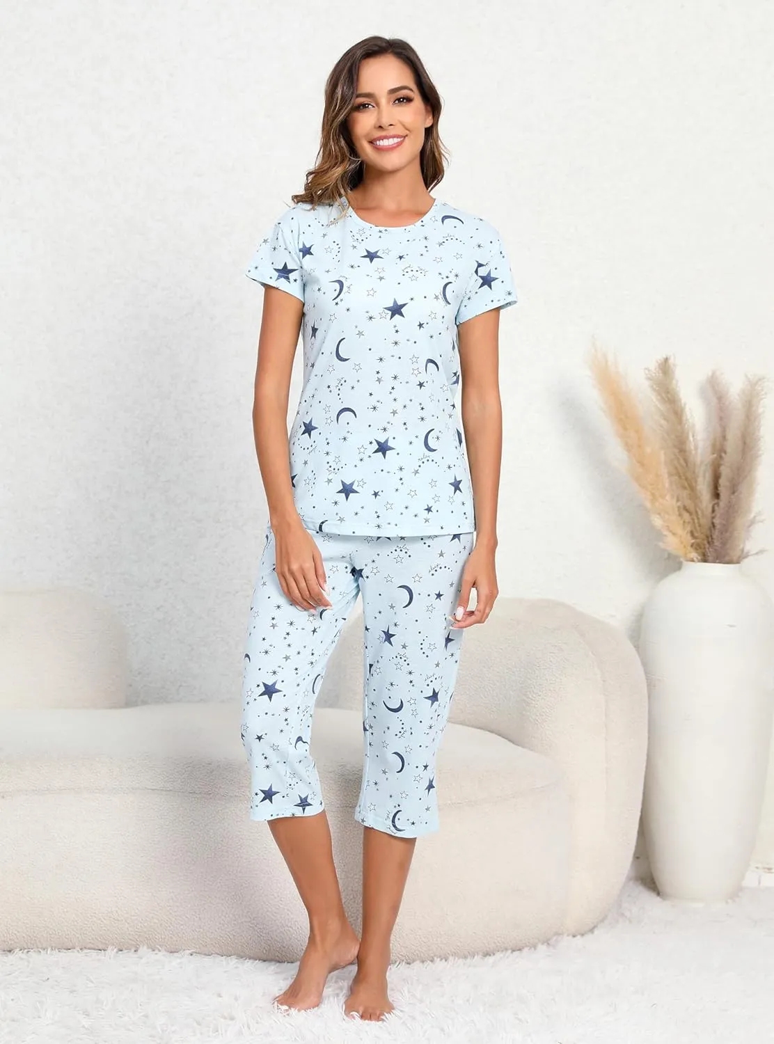 PNAEONG Women’s Pajama Set - Sleepwear Tops with Capri Pants Casual and Fun Prints Pajama Sets SY215-Purple-XL