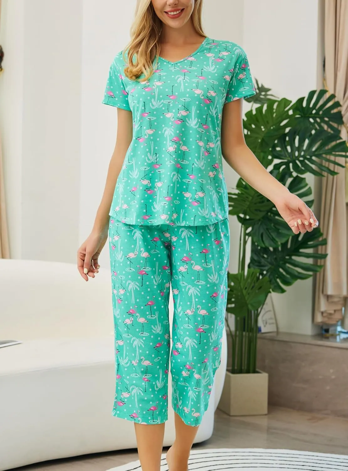 PNAEONG Women’s Pajama Set - Sleepwear Tops with Capri Pants Casual and Fun Prints Pajama Sets SY215-Purple-XL
