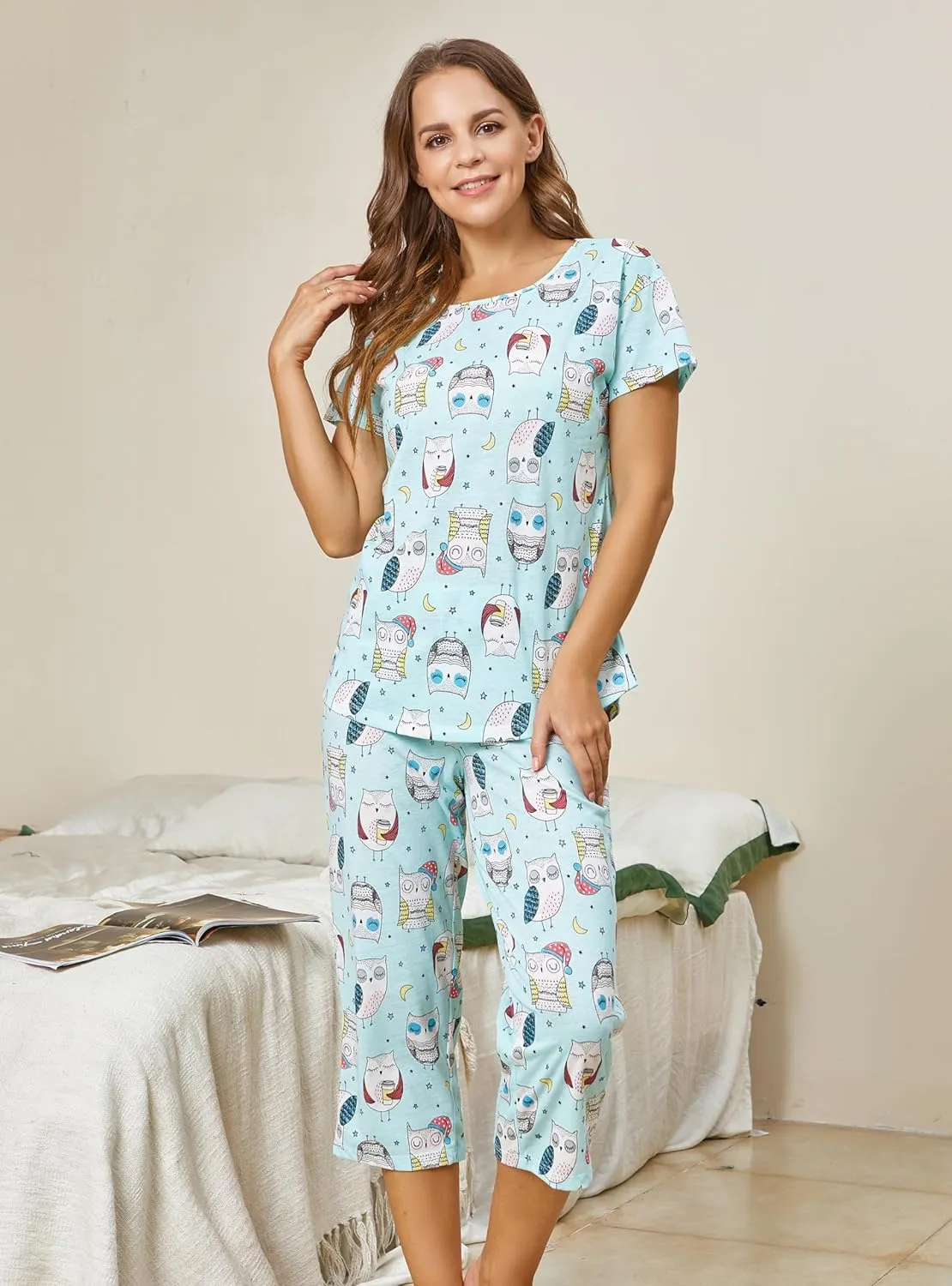 PNAEONG Women’s Pajama Set - Sleepwear Tops with Capri Pants Casual and Fun Prints Pajama Sets SY215-Purple-XL