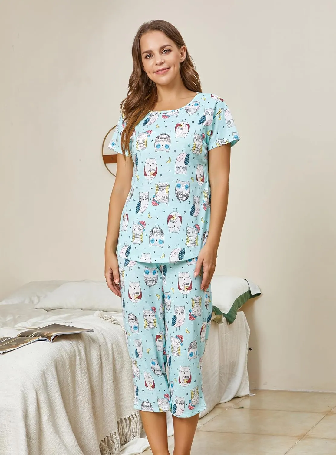PNAEONG Women’s Pajama Set - Sleepwear Tops with Capri Pants Casual and Fun Prints Pajama Sets SY215-Purple-XL