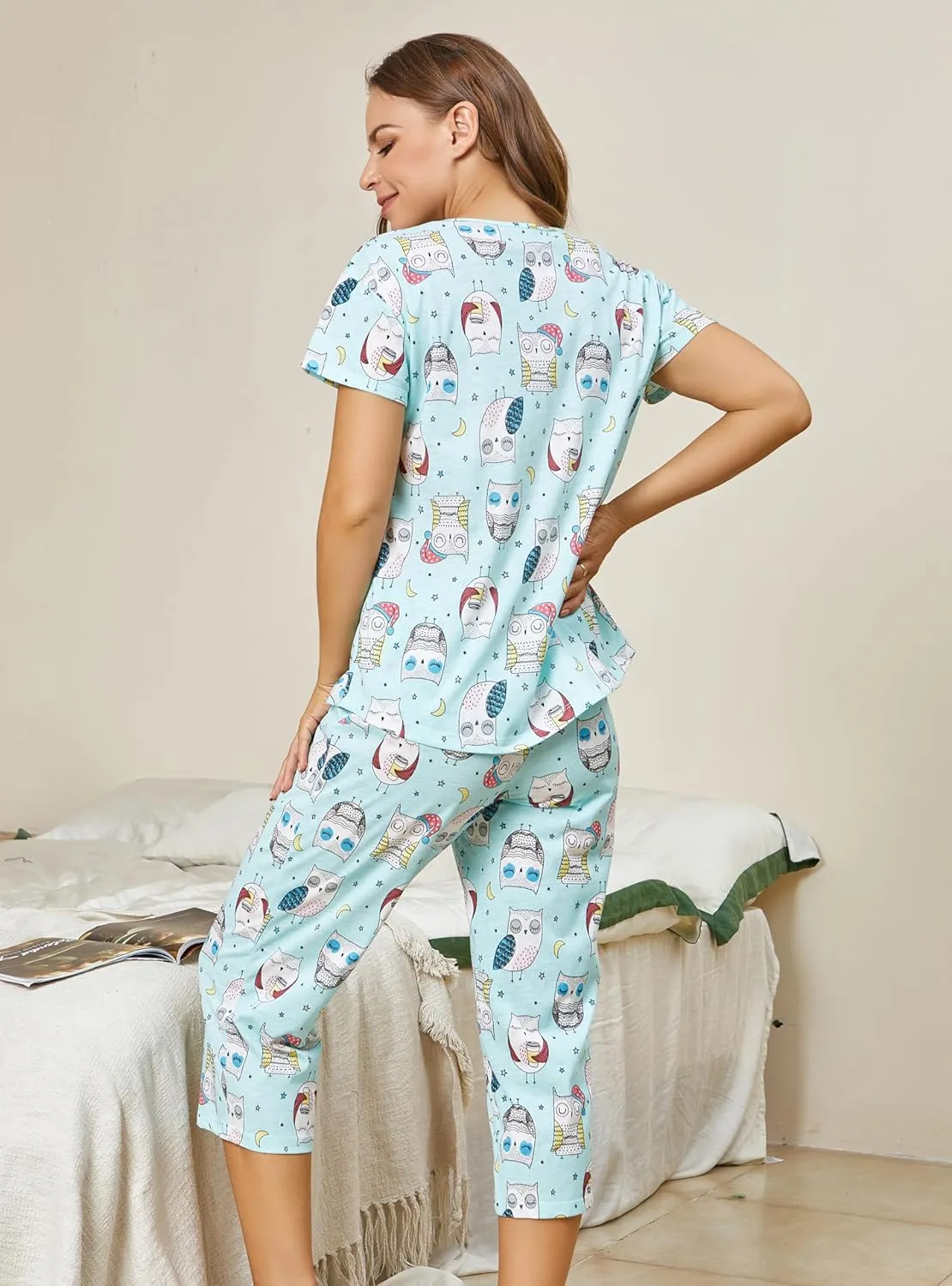 PNAEONG Women’s Pajama Set - Sleepwear Tops with Capri Pants Casual and Fun Prints Pajama Sets SY215-Purple-XL