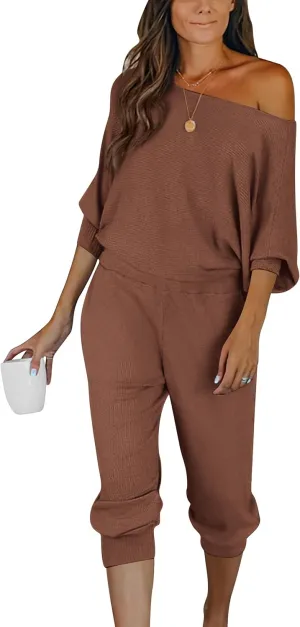 PRETTYGARDEN Women's 2 Piece Ribbed Tracksuit Outfits Off Shoulder Long Sleeve Pullover Lounge Pants with Pockets