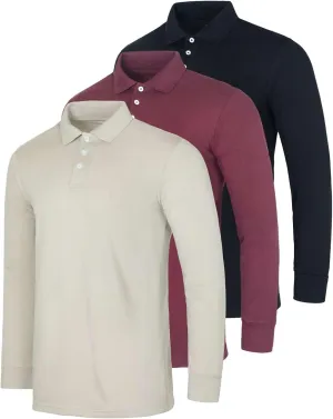 Real Essentials 3 Pack Men's Cotton Jersey Long-Sleeve Polo Shirt - Casual Workwear Office (Available in Big & Tall)