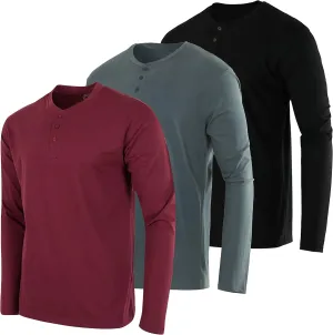 Real Essentials 3 Pack: Men's Cotton Short & Long Sleeve Henley T-Shirt Performance Activewear (Available in Big & Tall)