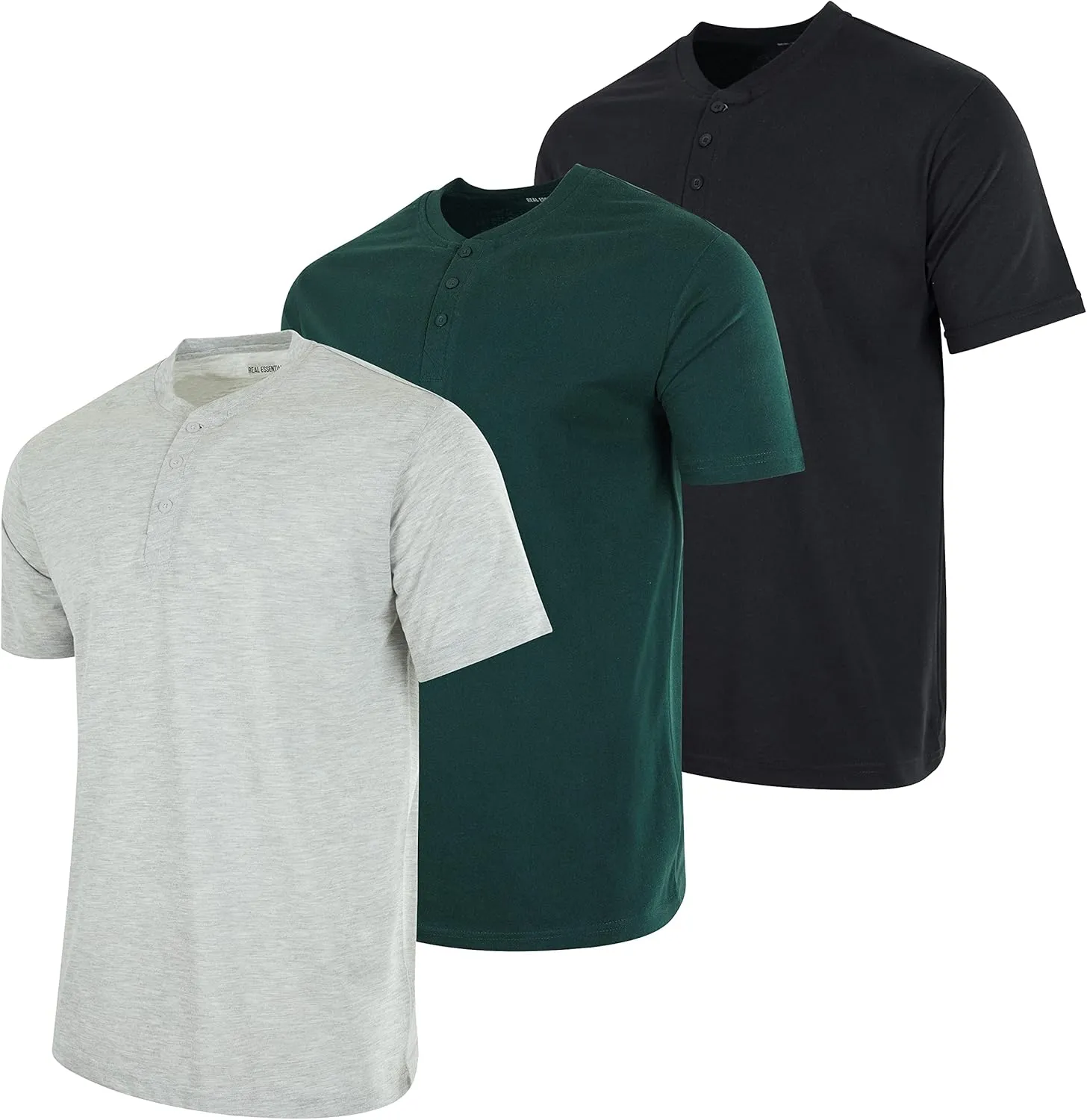 Real Essentials 3 Pack: Men's Cotton Short & Long Sleeve Henley T-Shirt Performance Activewear (Available in Big & Tall)
