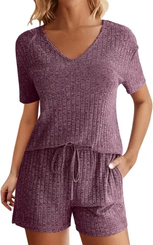Ribbed Knit Lounge Sets for Women Summer 2 Piece Outfits Short Sleeve Top and Shorts Pajama Set Sweatsuit With Pocket