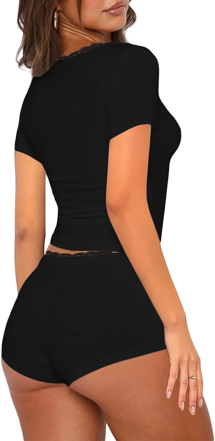 RUEWEY Women 2 Pieces Lounge Sets Lace Trim Short Sleeve Tops and Shorts Ribbed Knit Pajamas Set Outfits
