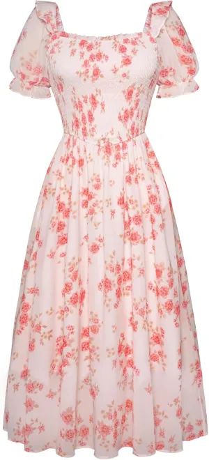 Scarlet Darkness Women's Cottagecore Dress Puff Sleeve Square Neck Flowy Smocked Maxi Dress