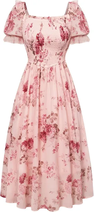 Scarlet Darkness Women's Cottagecore Dress Puff Sleeve Square Neck Flowy Smocked Maxi Dress