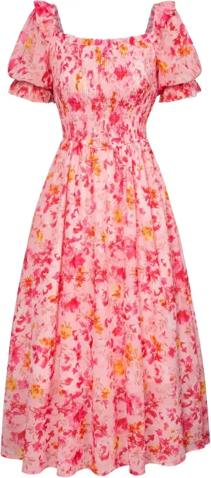 Scarlet Darkness Women's Cottagecore Dress Puff Sleeve Square Neck Flowy Smocked Maxi Dress