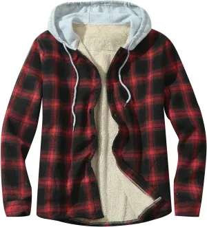Sherpa Lined Hooded Flannel Jackets for Men Plaid Button Down Sweatshirts Drawstring Hoodie Jackets Winter Warm Coat