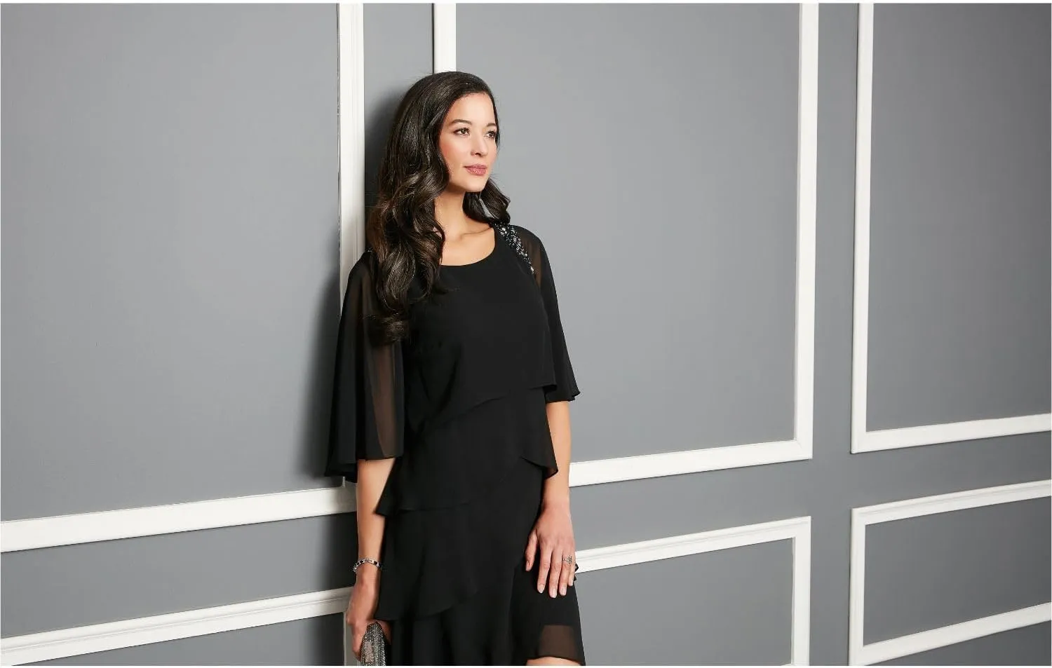 S.L. Fashions Women's Tiered Chiffon Cocktail Party Dress with Attached Cape & Beaded Shoulders (Petite and Regular Sizes)