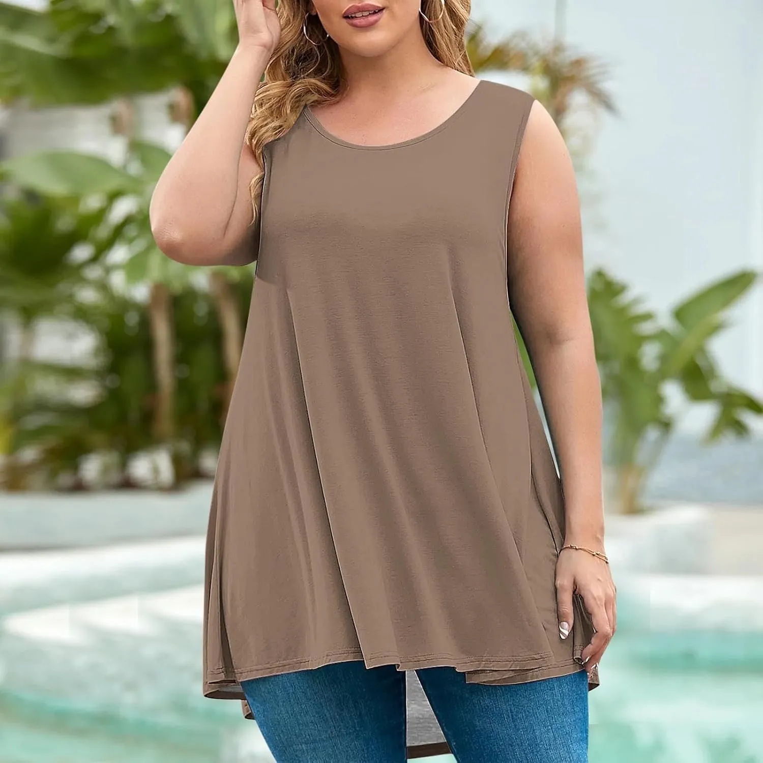 Sleeveless Tops for Women Summer Plus Size Tunic Tops Round Neck Casual Flowy Tank Tops Loose Fit