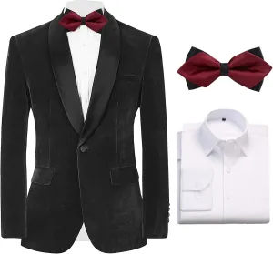Slim Fit Suit Jacket for Men Tuxedo Blazer Velvet Shawl Lapel Solid White Shirt Bow Tie Prom Wedding Dinner Party