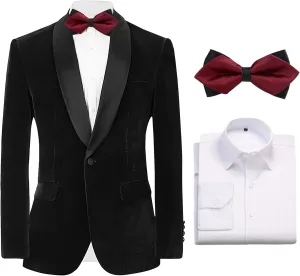Slim Fit Suit Jacket for Men Tuxedo Blazer Velvet Shawl Lapel Solid White Shirt Bow Tie Prom Wedding Dinner Party