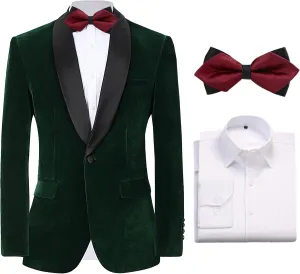 Slim Fit Suit Jacket for Men Tuxedo Blazer Velvet Shawl Lapel Solid White Shirt Bow Tie Prom Wedding Dinner Party