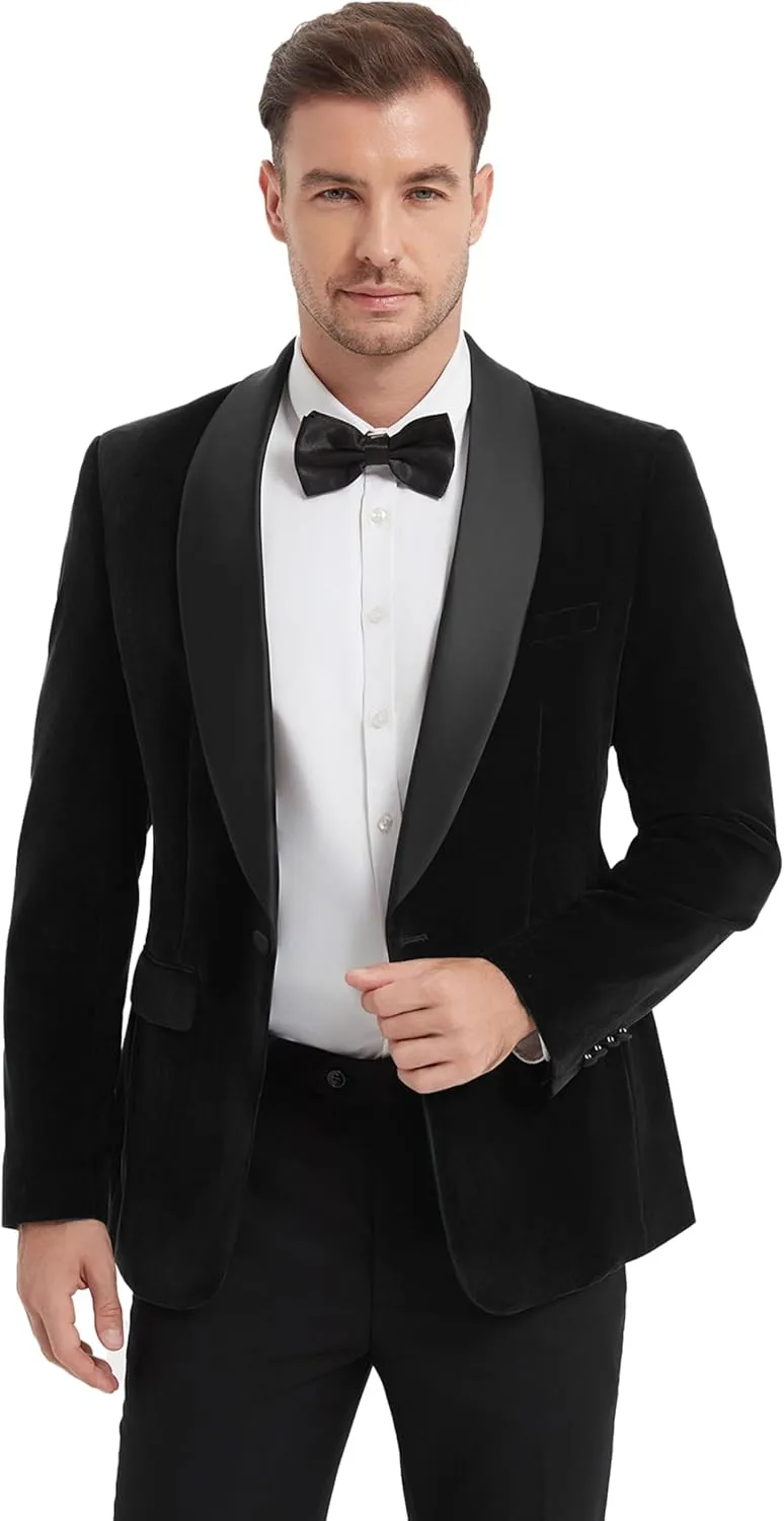 Slim Fit Suit Jacket for Men Tuxedo Blazer Velvet Shawl Lapel Solid White Shirt Bow Tie Prom Wedding Dinner Party