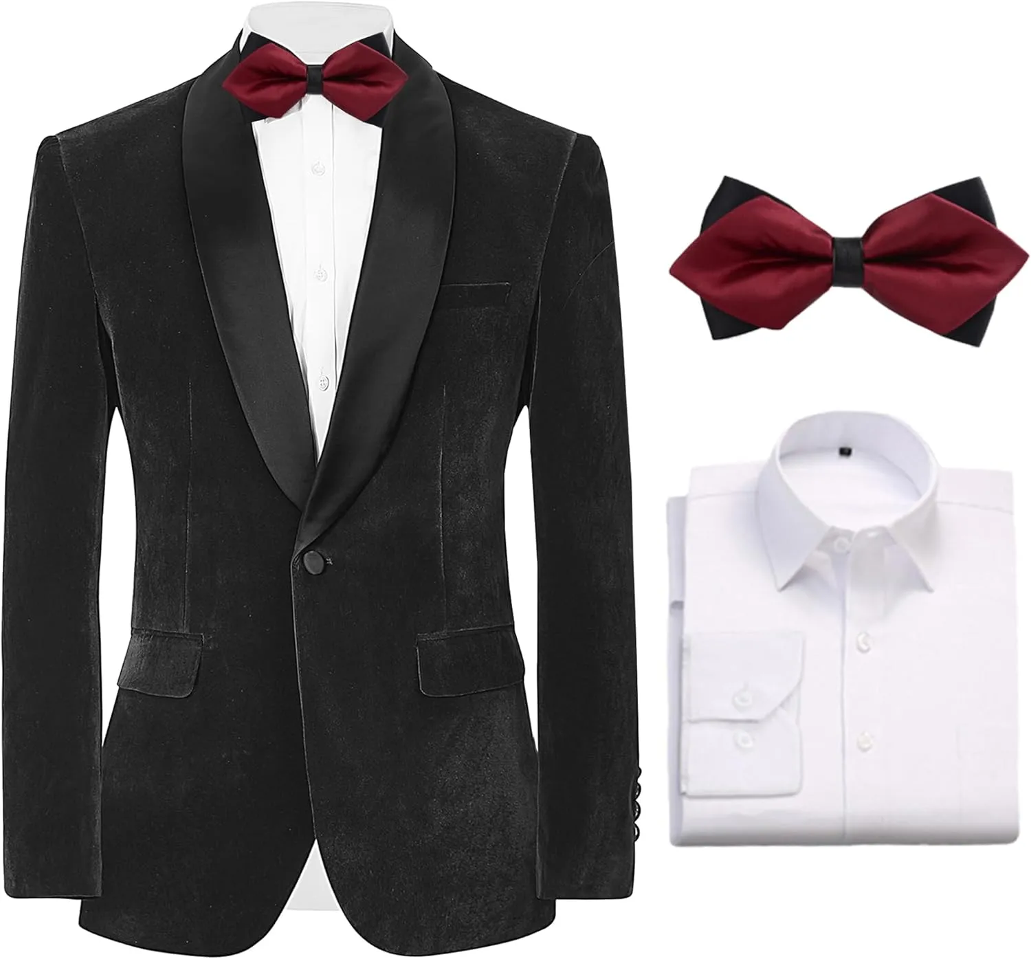Slim Fit Suit Jacket for Men Tuxedo Blazer Velvet Shawl Lapel Solid White Shirt Bow Tie Prom Wedding Dinner Party