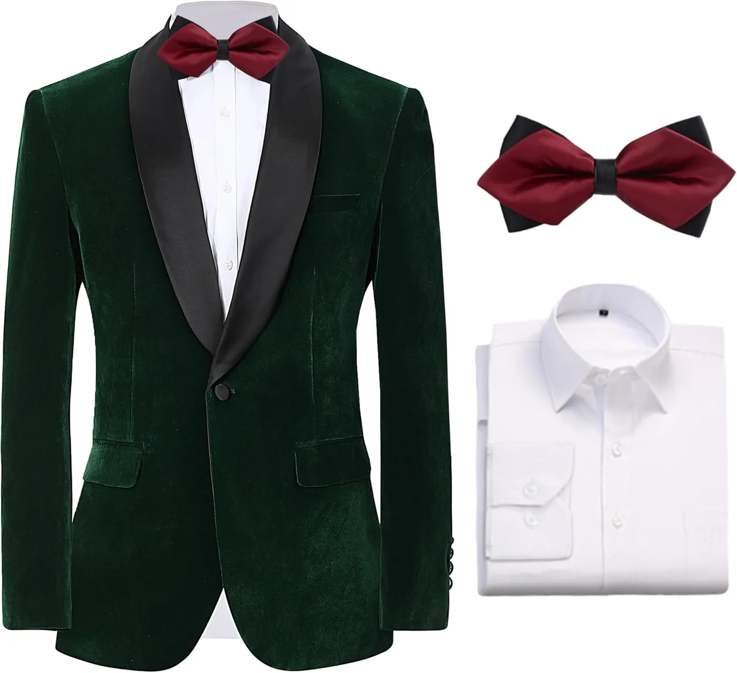 Slim Fit Suit Jacket for Men Tuxedo Blazer Velvet Shawl Lapel Solid White Shirt Bow Tie Prom Wedding Dinner Party